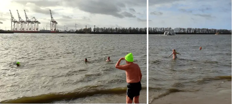 älterer Mann hält am Ufer Ausschau nach seiner Schwimmpartnerin, die bereits im Wasser ist