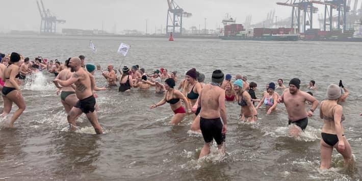 Menschen aus Hamburg und Umgebung gehen eisbaden gegen Rechts