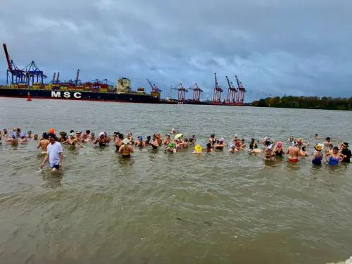 Menschen in der Elbe im Hintergrund der Hamburger Hafen