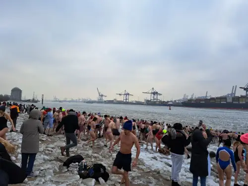 Fast 400 Menschen gehen im Januar für den guten Zweck in die eisige Elbe in Hamburg.