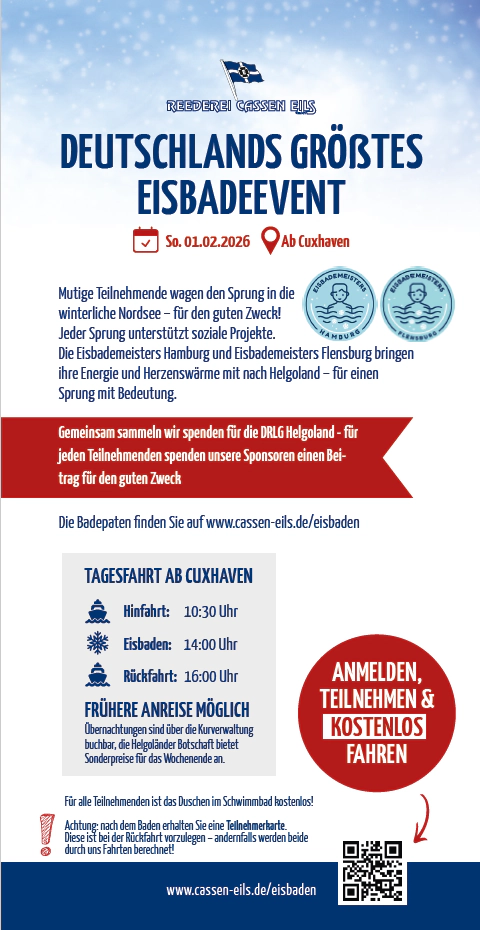 Eisbaden mit den Eisbademeisters aus Hamburg und Flensburg am 01.02.2026 um 14 Uhr, Hinfahrt 10:30 und Rückfahrt 16:00 mit der Fähre (Cux-Helgoland), QR Code für Anmeldung mit der Fähre