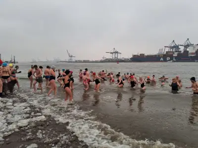 Leute gehen in di kalte Elbe, um für Hinz & Kunzt Spenden zu sammeln.